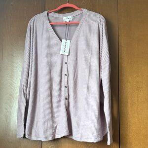 For The Republic Waffle Ribbed Knit, Relaxed Button-Down V Neck Top Mauve XL NWT